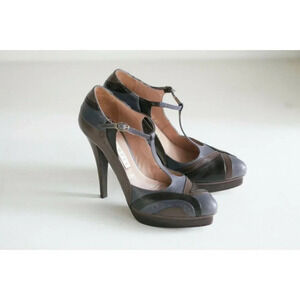 Pura  Lopez Grey Brown Patchwork T Strap Sexy All Leather High Heels 36